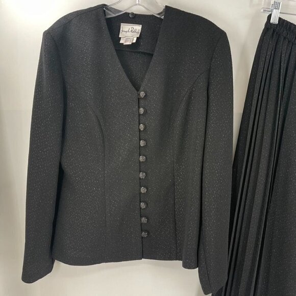 Joseph Ribkoff Size US 8 Black Shimmer Pleated Wide Leg Button Front Top Set - Picture 2 of 11